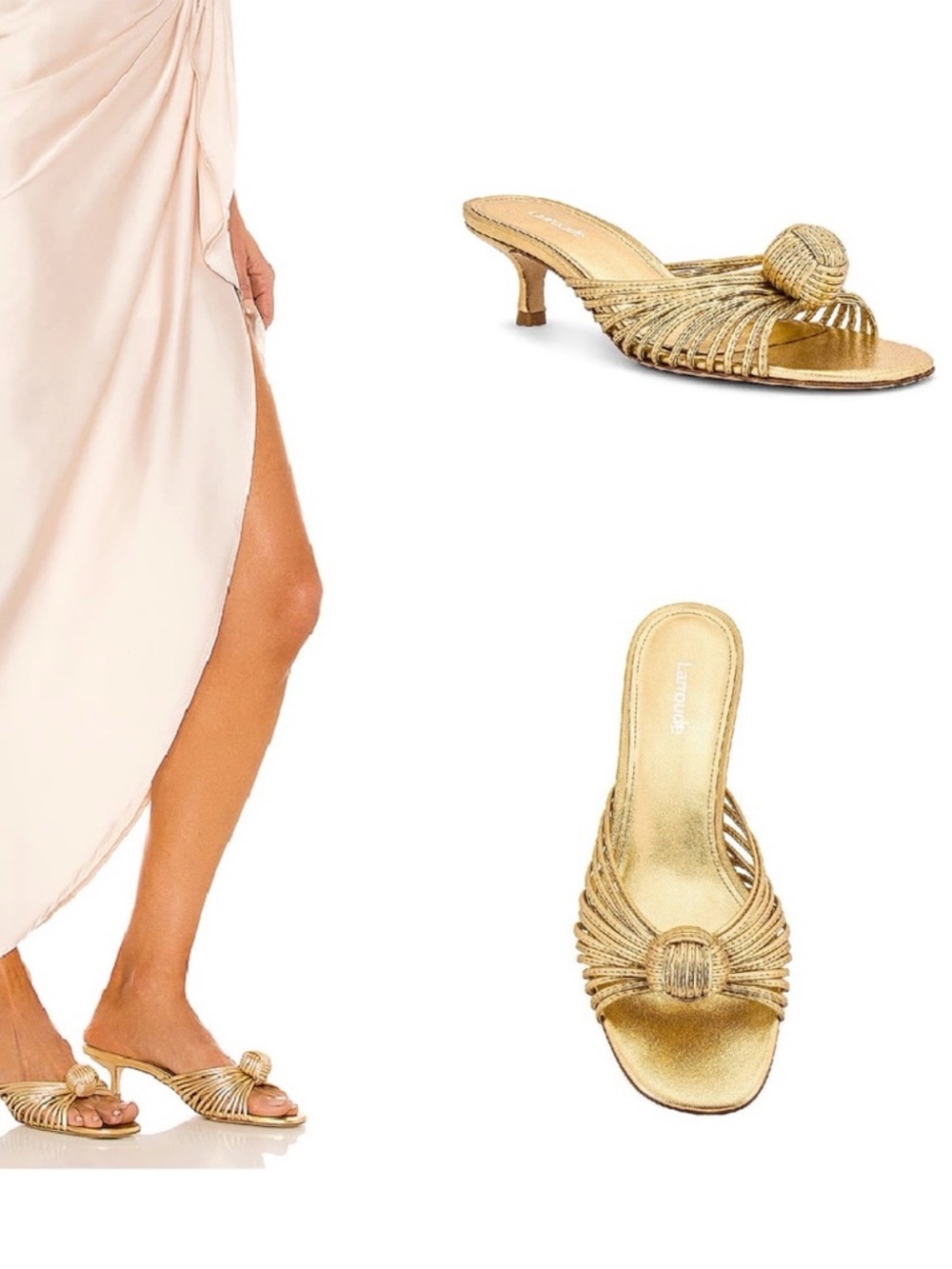Larroude Valerie Kitten Heel Strappy Knot Mule Gold Metallic Leather 7 sandals